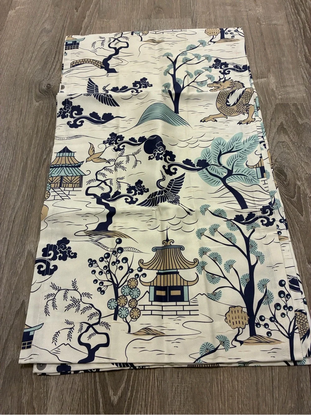 Spoonflower Japanese Village Chinoiserie Pagoda Blue Table Runner